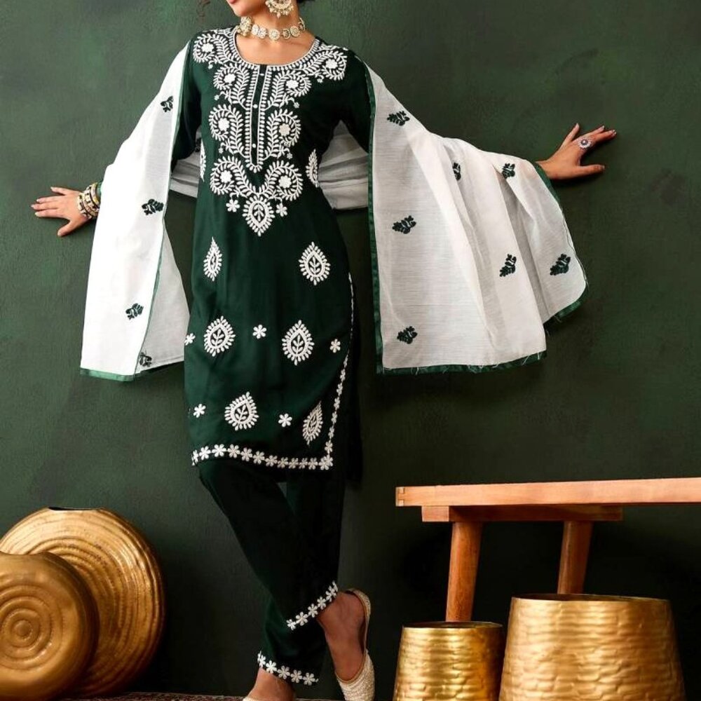 Co-ord-set Cotton Chikankari Kurti Bottom With Dupatta